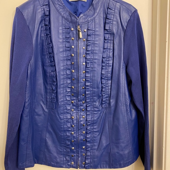Peter Nygard Women's Cobalt Blue Ruffles & Studded Leather Jacket Size M - Picture 1 of 8